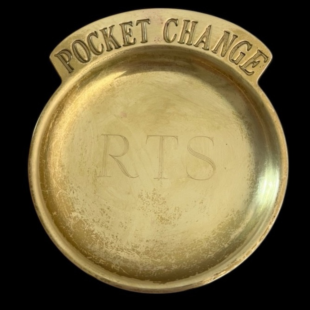 Vintage Brass Pocket Change tray has engraved text RTS, great for change / keys